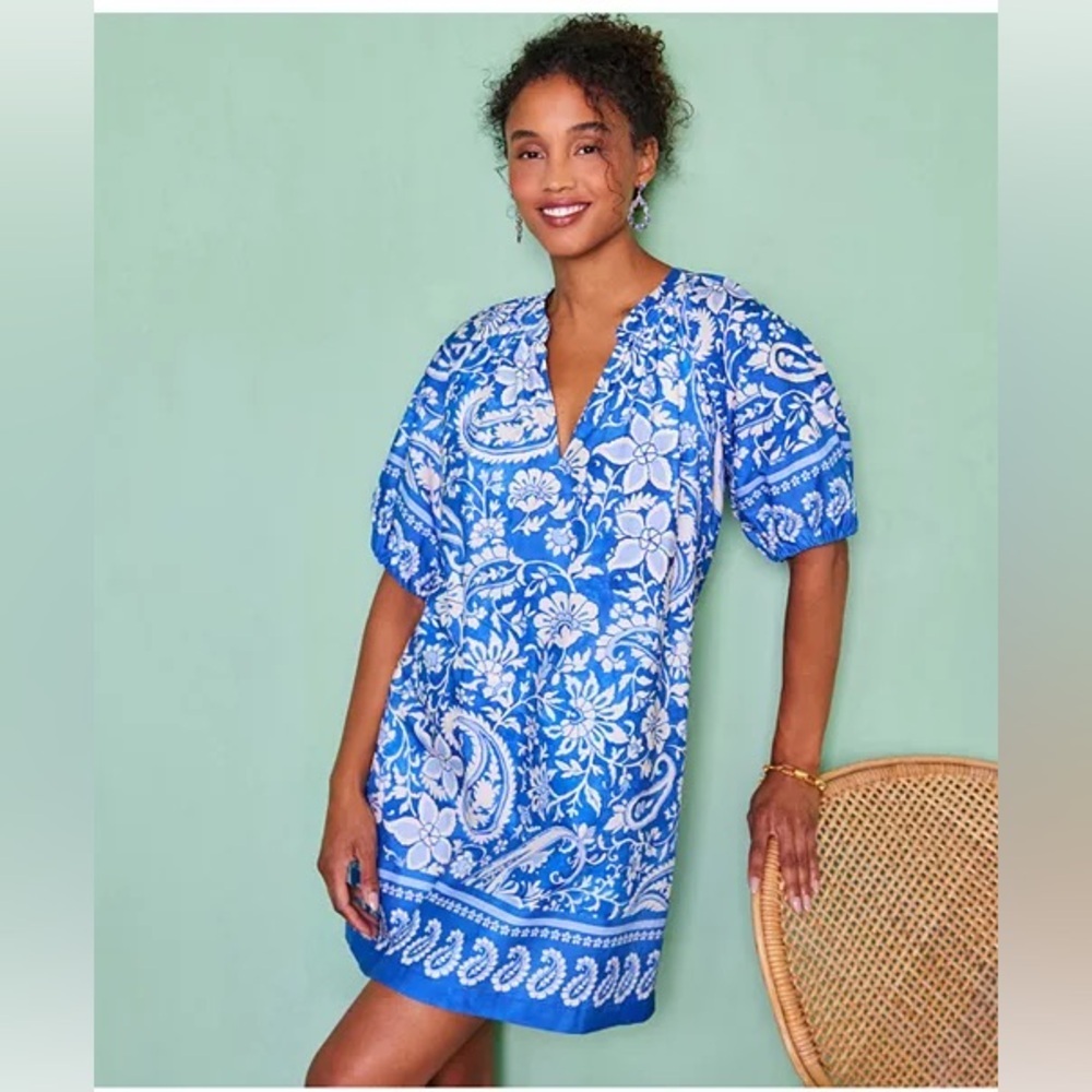 Karen Kane Printed Puff Sleeve Peasant Dress NEW